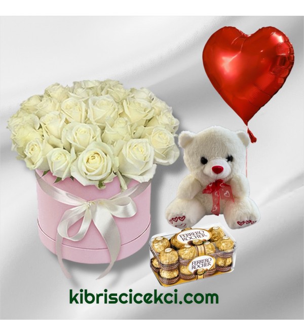 Kutuda 25 Beyaz Gül Ayıcık 16'lı Ferrero Çikolata Kalp Helyum Balon